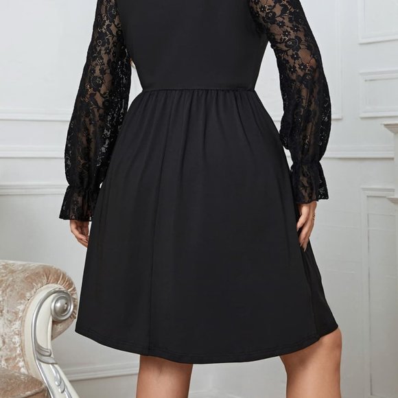 Melo Apparel Plus Size Lace Trim Round Neck Flounce Sleeve Dress - Picture 7 of 8